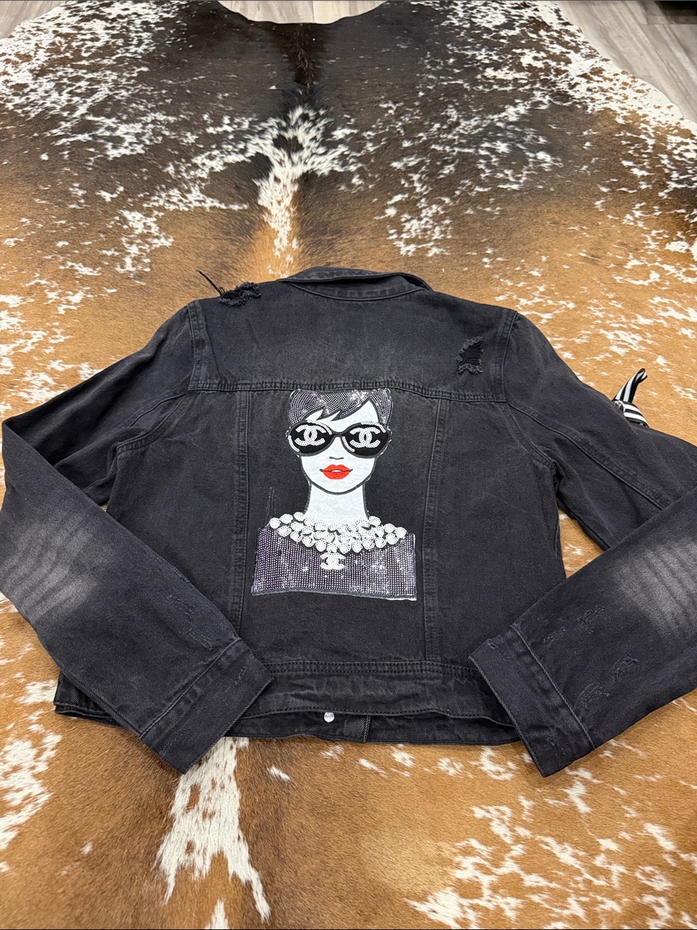 Black Denim Jacket with Sequin Chanel Graphic